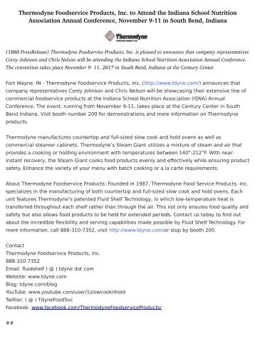 Thermodyne Foodservice Products, Inc. to Attend the Indiana School Nutrition Association Annual Conference, November 9-11 in South Bend, Indiana