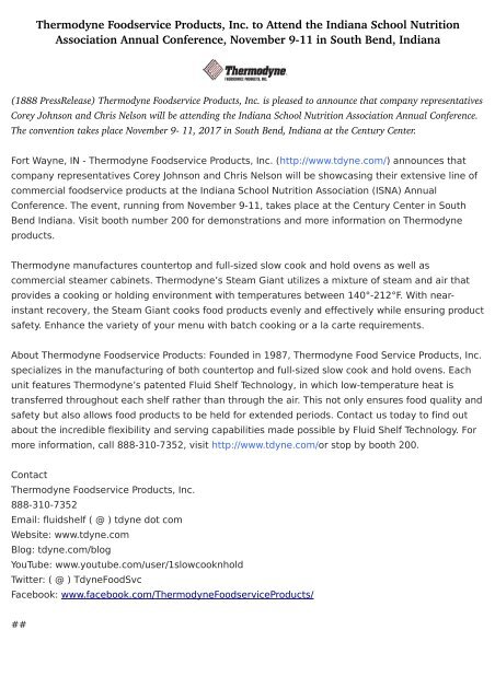 Thermodyne Foodservice Products, Inc. to Attend the Indiana School Nutrition Association Annual Conference, November 9-11 in South Bend, Indiana