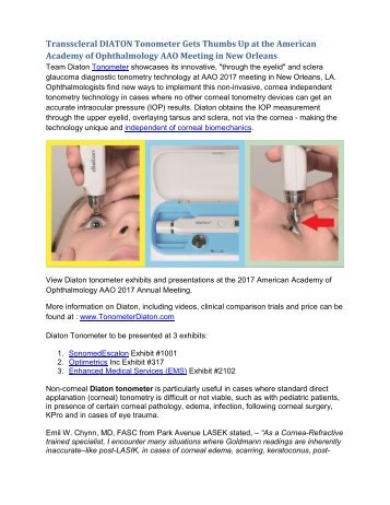 Transscleral DIATON Tonometer Gets Thumbs Up at the American Academy of Ophthalmology AAO Meeting in New Orleans