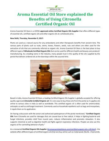 Aroma Essential Oil Store explained the Benefits of Using Citronella Certified Organic Oil