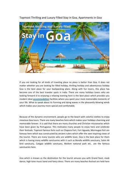 Topmost Thrilling and Luxury Filled Stay in Goa, Apartments in Goa