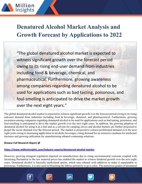 Denatured Alcohol Market Analysis and Growth Forecast by Applications to 2022