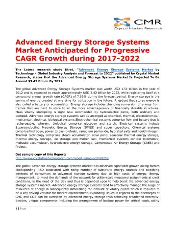 Advanced Energy Storage Systems Market Anticipated for Progressive CAGR Growth during 2017-2022