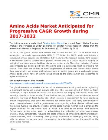 Amino Acids Market Anticipated for Progressive CAGR Growth during 2017-2022