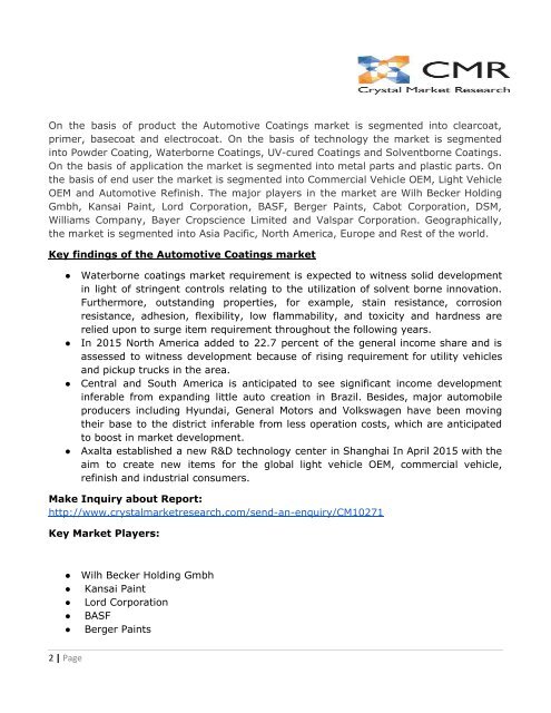 Automotive Coatings Market Anticipated for Progressive CAGR Growth during 2017-2022