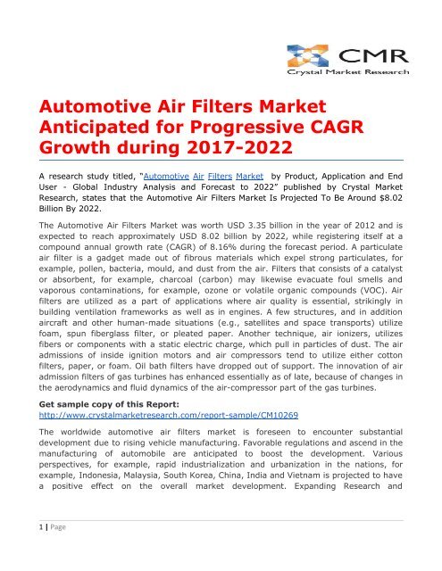 Automotive Air Filters Market Anticipated for Progressive CAGR Growth during 2017-2022