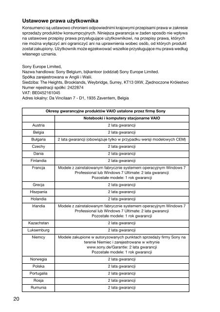 Sony SVT1311Z9R - SVT1311Z9R Documenti garanzia Rumeno