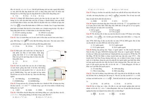 Kỹ năng giải bài toán trắc nghiệm thực tế - Ứng dụng đạo hàm - Ứng dụng hàm số lũy thừa - Hàm mũ và logarit - Khối đa diện - Khối tròn xoay Phương pháp tọa độ trong không gian - Nguyên hàm - tích phân