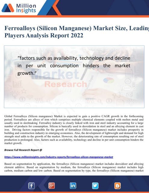 Ferroalloys (Silicon Manganese) Market Size, Leading Players Analysis Report 2022