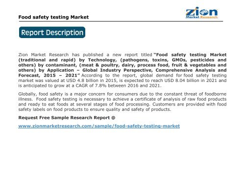 Global Food safety testing Market, 2015 – 2021