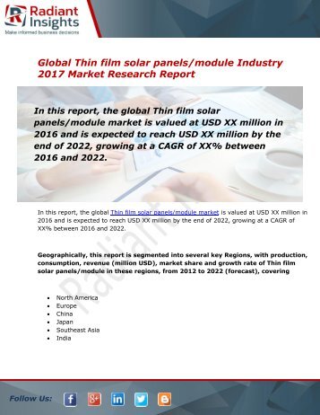 Thin film solar panels/module Market Size, Share, Trends, Analysis and Forecast Report to 2022:Radiant Insights, Inc