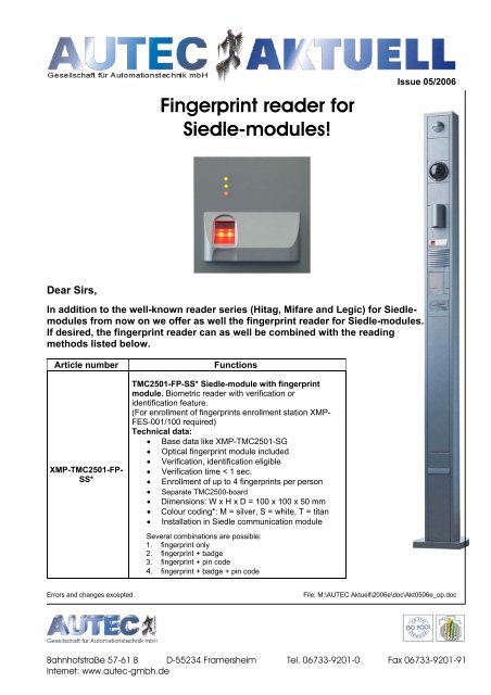 Fingerprint reader for Siedle-modules!