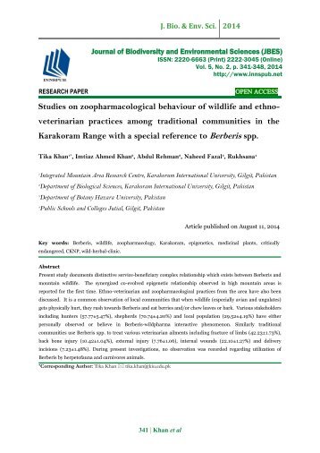 Studies on zoopharmacological behaviour of wildlife and ethno-veterinarian practices among traditional communities in the Karakoram Range with a special reference to Berberis spp.