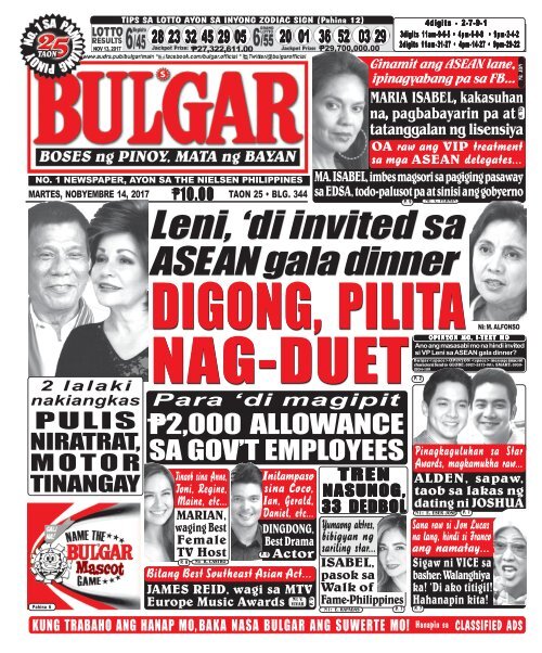 NOVEMBER 14, 2017 BULGAR: BOSES NG PINOY, MATA NG BAYAN