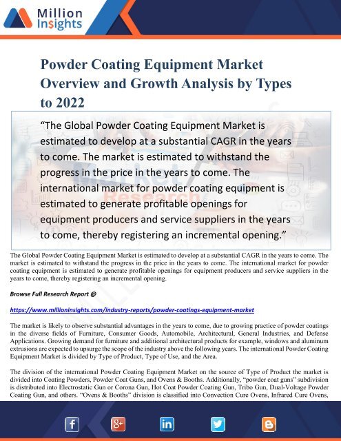 Powder Coating Equipment Market Overview and Growth Analysis by Types to 2022