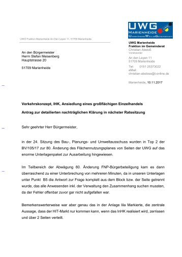Verkehrskonzept INHK Anfragen der UWG Fraktion Marienheide