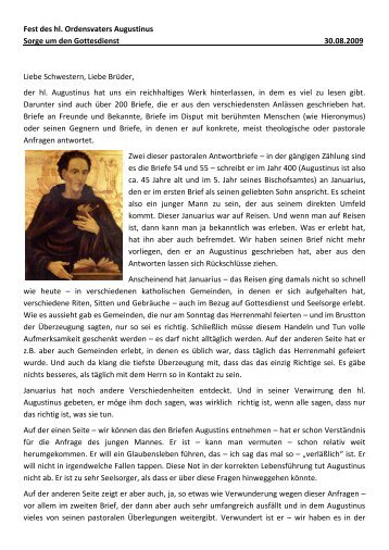 Fest des hl. Ordensvaters Augustinus Sorge um den Gottesdienst ...