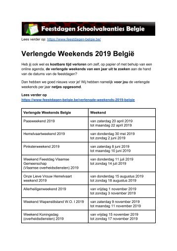 Verlengde Weekends 2019 Belgie - Exacte datums op kalender