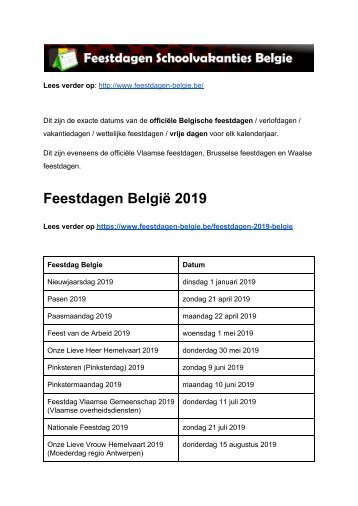 Feestdagen Belgie - Exacte datums op kalender