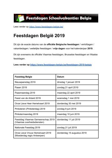 Feestdagen 2019 Belgie - Exacte datums op kalender