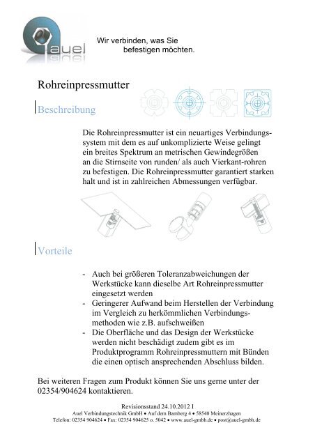 Rohreinpressmutter - auel Verbindungstechnik