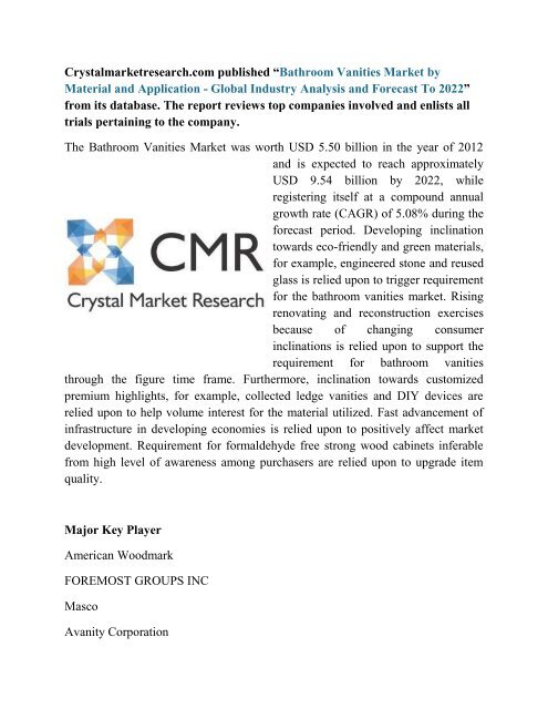 Bathroom Vanities Market By Material And Application - Global Industry Analysis And Forecast To 2022