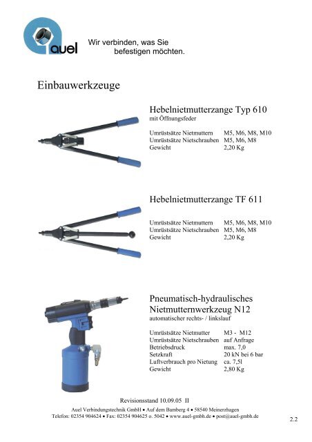 Blindnietmutter Einbauwerkzeuge - auel Verbindungstechnik