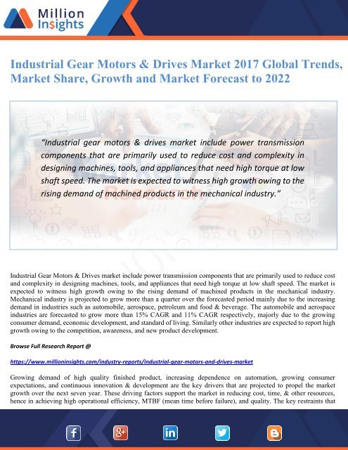 Industrial Gear Motors &amp; Drives Market 2017 Global Trends, Market Share, Growth and Market Forecast to 2022