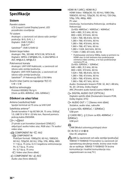 Sony KDL-32R503C - KDL-32R503C Mode d'emploi Serbe