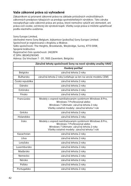 Sony SVP1321V9R - SVP1321V9R Documents de garantie Tch&egrave;que