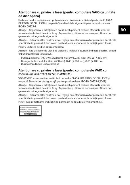 Sony SVP1321V9R - SVP1321V9R Documents de garantie Roumain