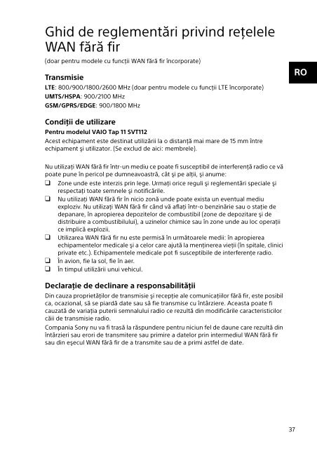 Sony SVP1321V9R - SVP1321V9R Documents de garantie Roumain