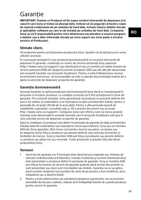 Sony SVP1321V9R - SVP1321V9R Documents de garantie Roumain