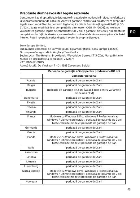 Sony SVP1321V9R - SVP1321V9R Documents de garantie Roumain