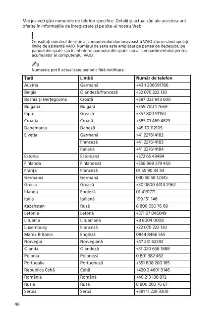 Sony SVP1321V9R - SVP1321V9R Documents de garantie Roumain