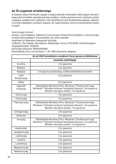 Sony SVP1321V9R - SVP1321V9R Documents de garantie Hongrois