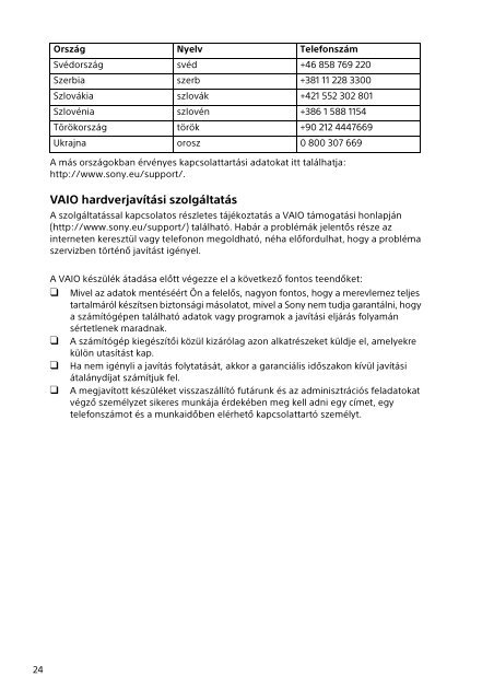 Sony SVP1321V9R - SVP1321V9R Documents de garantie Hongrois