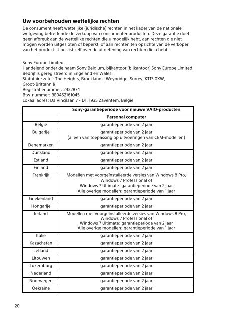 Sony SVP1321V9R - SVP1321V9R Documents de garantie N&eacute;erlandais