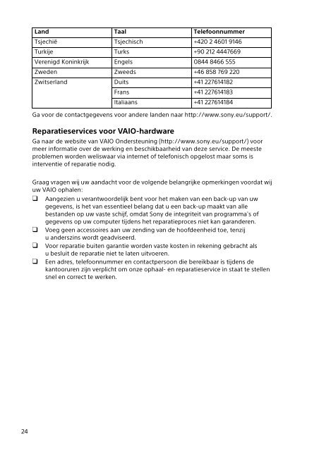 Sony SVP1321V9R - SVP1321V9R Documents de garantie N&eacute;erlandais