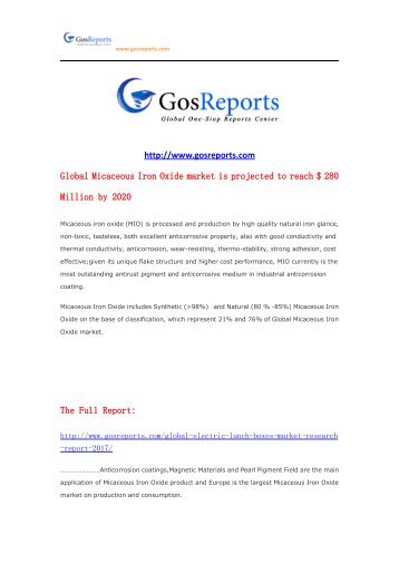 Global Micaceous Iron Oxide market is projected to reach $ 280 Million by 2020