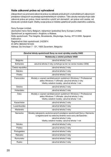 Sony VPCSE1M1E - VPCSE1M1E Documents de garantie Slovaque