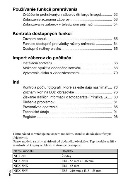 Sony NEX-5ND - NEX-5ND Consignes d&rsquo;utilisation Slovaque