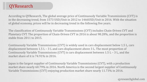 QYResearch: Global Revenue of Continuously Variable Transmissions (CVT) is nearly 16975.59 M USD