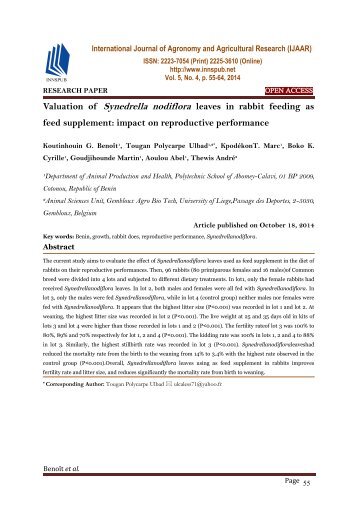 Valuation of Synedrella nodiflora leaves in rabbit feeding as feed supplement: impact on reproductive performance