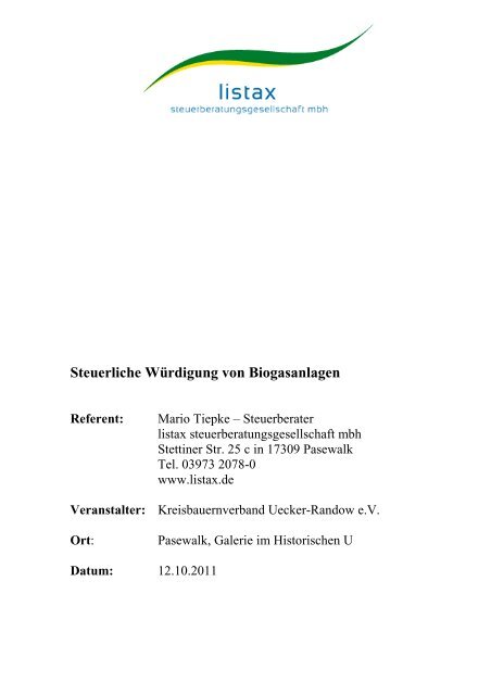 Steuerliche Würdigung von Biogasanlagen - bauernverband-uer.de