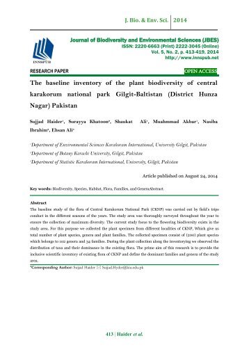 The baseline inventory of the plant biodiversity of central karakorum national park Gilgit-Baltistan (District Hunza Nagar) Pakistan