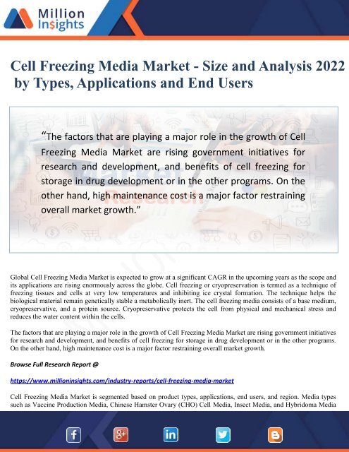 Cell Freezing Media Market - Size and Analysis 2022 by Types, Applications and End Users