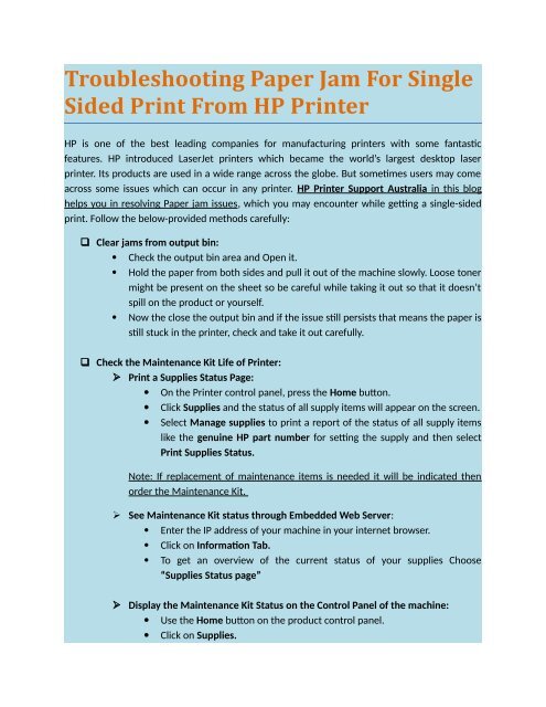 Troubleshooting Paper Jam For Single Sided Print From HP Printer