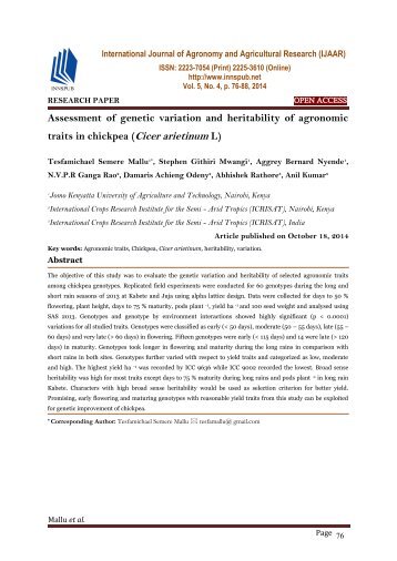 Assessment of genetic variation and heritability of agronomic traits in chickpea (Cicer arietinum L)