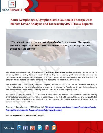 Acute LymphocyticLymphoblastic Leukemia Therapeutics Market Driver Analysis and Forecast by 2025 Hexa Reports